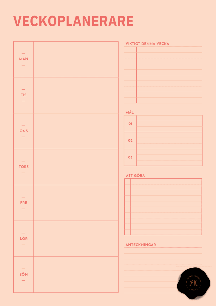 Aktivitetskonceptet weekly planner with space for the week's activities, goals and notes